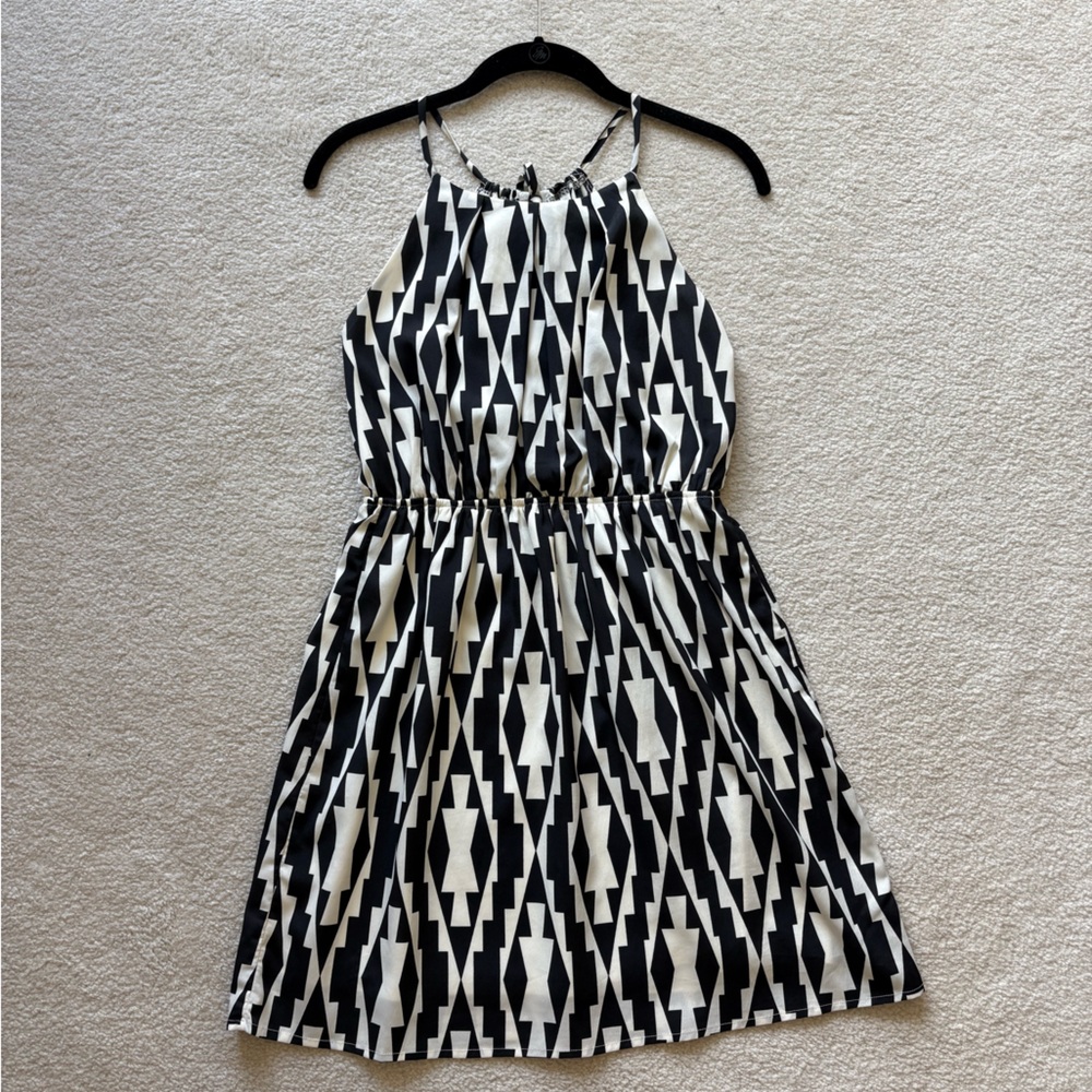 Black and White Geometric Pattern Cocktail Halter Dress